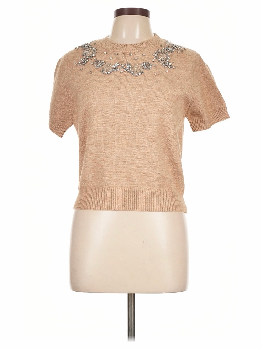 Embellished Short Sleeve Sweater - Beige